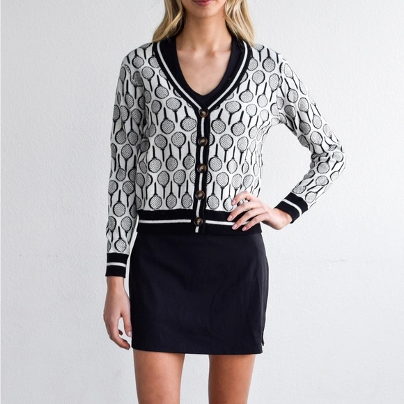 Never A Wallflower Sweaters - NEVER A WALLFLOWER Black and White Golf Print Patterned Cardigan $232